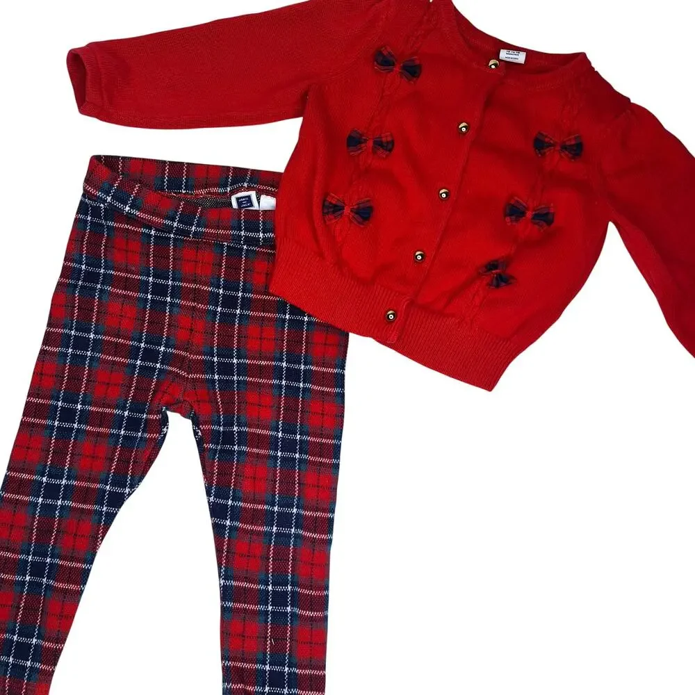 Janie and Jack Girls Plaid Tartan Holiday Outfit Cardigan Pants 12-18m Christmas